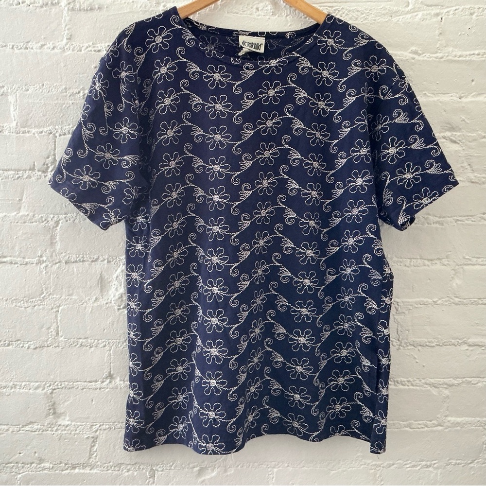 Vintage Y2K De Rotchild Top Navy Blue 100% Cotton Floral Embroidered Boxy Tee L